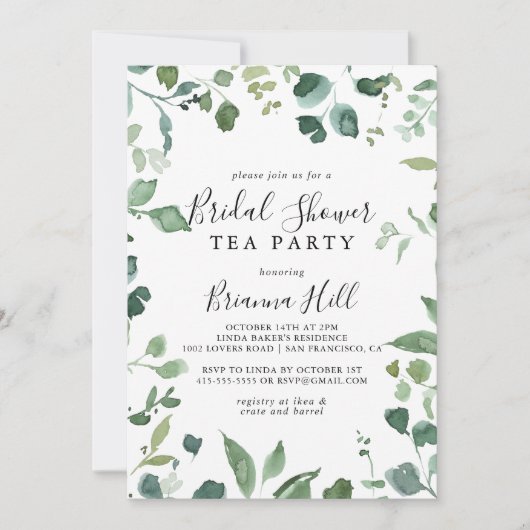 Script Groen Foliage Vrijgezellenfeest Tea Party Kaart (Voorkant)