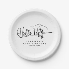 Script Hallo Vijftig Minimalistische 50e Verjaarda Papieren Bordje