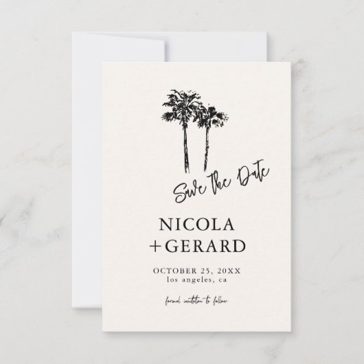 Script Hand getrokken Palmboom Tropische kleine br Save The Date (Voorkant)