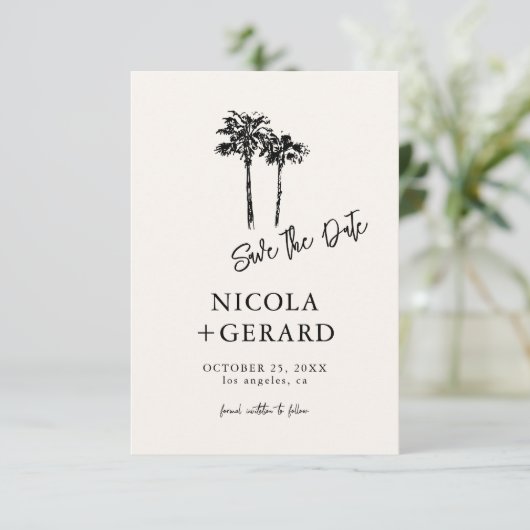 Script Hand getrokken Palmboom Tropische kleine br Save The Date (Staand voorkant)