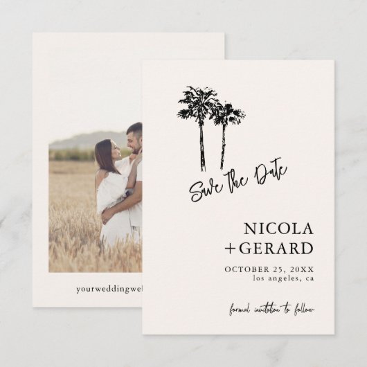 Script Hand getrokken Palmboom Tropische kleine br Save The Date (Voorkant / Achterkant)