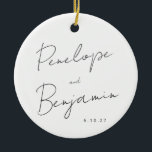 Script Handschrift zwart wit bruiloft foto Keramisch Ornament<br><div class="desc">Minimalistisch Modern Script Handschrift Zwart-wit Bruiloft Keramisch Ornament met Foto</div>