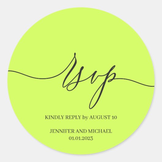 Script Handtekening Elegante Trouw-RSVP Cyber Lime Ronde Sticker (Voorkant)