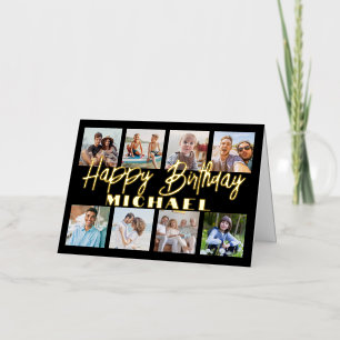Script Happy Birthday Elegante zwarte fotocollage Folie Wenskaart