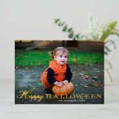  script Happy Halloween Photo Gold Folie Feestdagenkaart (Staand Voorkant)