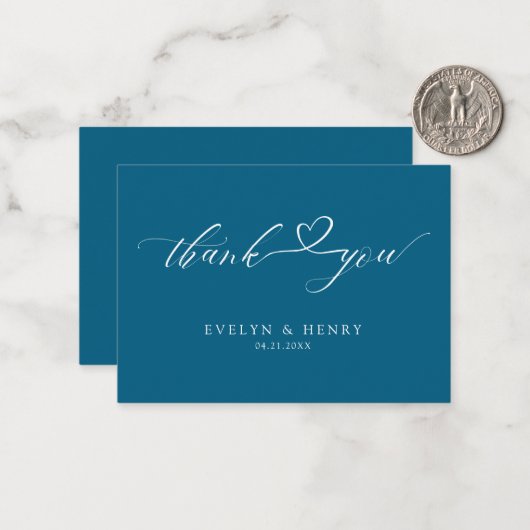 Script Hart Ocean Blue Wedding Budget Bedankt Notitiekaartje (Voorkant / Achterkant in situ)