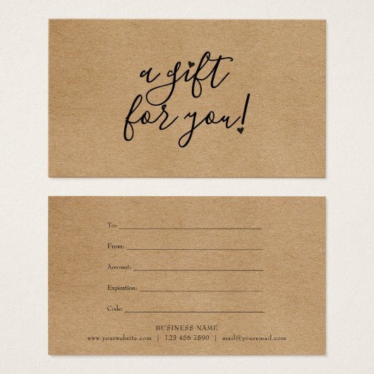 Script Harten Rustic Kraft Cadeaubon Visitekaartje (Voorkant /achterkant)