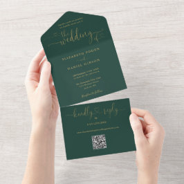 Script Harten Smaragd en Goud QR Code Trouwen All In One Uitnodiging