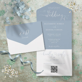 Script Harten Stof Blauw QR Code Trouwen All In One Uitnodiging