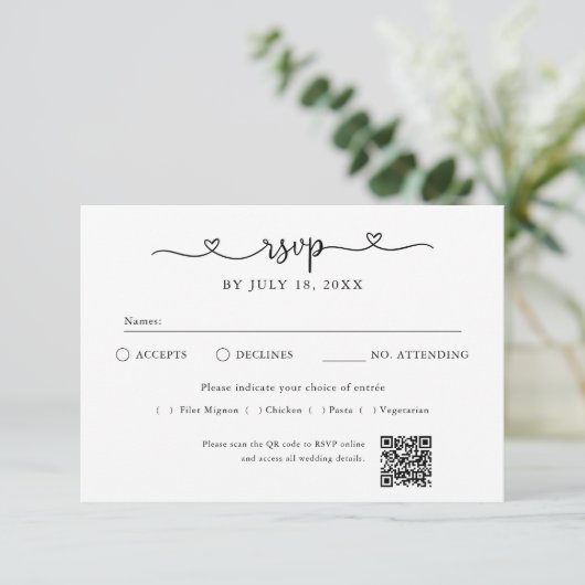 Script Heart QR Code Photo Off White RSVP (Staand voorkant)