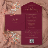 Script Hearts Bourgondië en gouden QR code bruilof All In One Uitnodiging