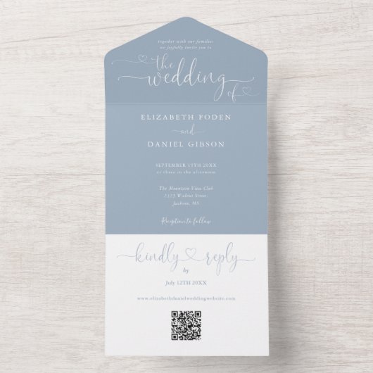 Script Hearts Dusty Blue QR Code Bruiloft All In One Uitnodiging (Binnen)
