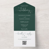 Script Hearts Emerald Green QR Code Wedding All In One Uitnodiging (Binnen)