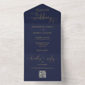 Script Hearts Navy Blue en Gold QR Code Wedding All In One Uitnodiging (Binnen)