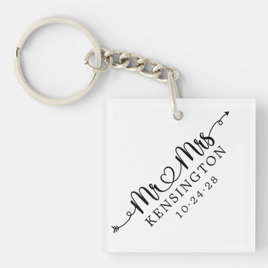 Script Hearts Personaliseerde Mr Mrs Wedding Foto Sleutelhanger (Voorkant)