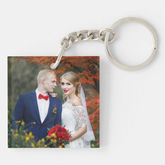 Script Hearts Personaliseerde Mr Mrs Wedding Foto Sleutelhanger (Achterkant)