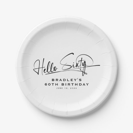 Script Hello Sixty Minimalistisch 60e Verjaardag Papieren Bordje (Voorkant)