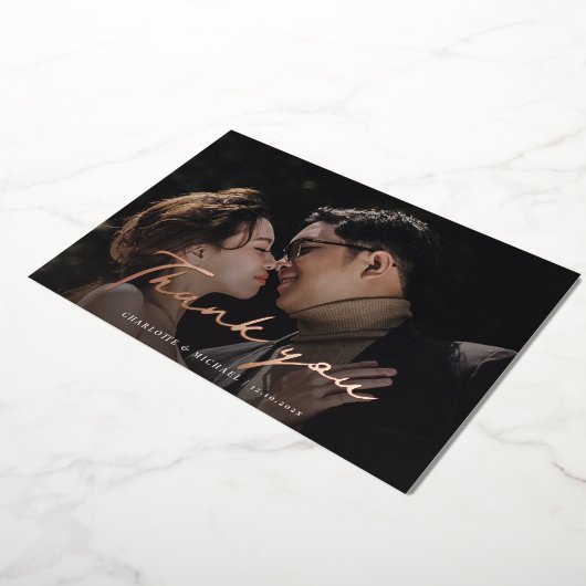 Script Huwelijksfoto Roos Gouden Folie Dank u Kaar Folie Uitnodiging (Gedraaid)