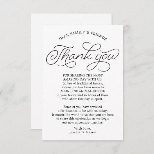 Script in plaats van gunsten bedankplaatskaart aankondiging (Voorkant / Achterkant)