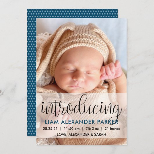 Script Introducing Donkerblauwe Baby Jongen Foto Aankondiging (Voorkant / Achterkant)