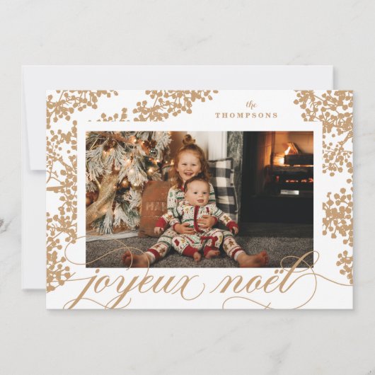 Script Joyeux Noel Gold Foliage-fotokaart Feestdagenkaart (Voorkant)
