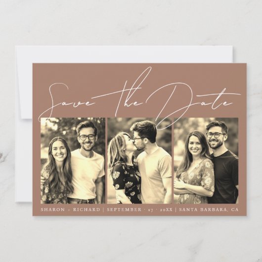 Script kalligrafie 3 sepia foto collage mocha save the date (Voorkant)