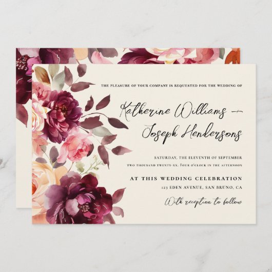 Script kalligrafie Boeket Bloemen Bourgogne Huweli Kaart (Voorkant / Achterkant)