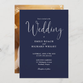 Script Kalligrafie Foto Marine Blue Wedding Kaart