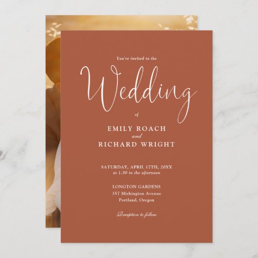 Script kalligrafie foto Terracotta bruiloft Kaart (Voorkant / Achterkant)