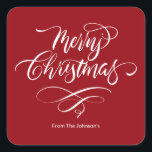 Script Kalligrafie Merry Christmas Square Sticker<br><div class="desc">Met zijn originele met de hand geletterde ontwerp,  voegt deze sticker een persoonlijk tintje toe aan uw groeten. Verspreid feestvreugde en laat uw enveloppen opvallen met elegantie.</div>