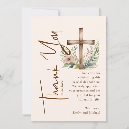 Script kalligrafie Rustic Cross Greenery doop Bedankkaart (Voorkant)