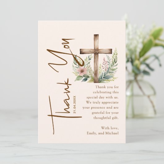Script kalligrafie Rustic Cross Greenery doop Bedankkaart (Staand voorkant)