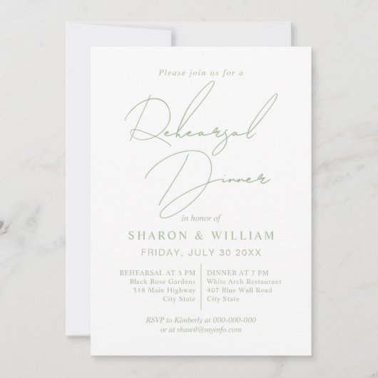 Script kalligrafie salie groen repetitie diner kaart (Voorkant)