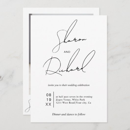 Script kalligrafie zwart-wit trouwfoto kaart (Voorkant / Achterkant)