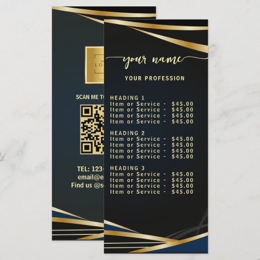 Script Klassieke zwarte en gouden Prijslijst Menu (Voorkant / Achterkant)