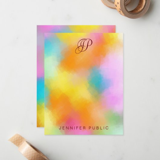 Script Kleurrijk Abstract Handschrift Monogrammed Notitiekaartje (Voorkant / Achterkant in situ)