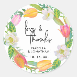 Script Liefde & Bedankt Bruiloft Roze Tulp Bloemen Ronde Sticker
