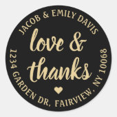 Script Liefde & Bedankt Zwart & Goud Retouradres Ronde Sticker (Voorkant)