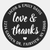 Script Liefde & Bedankt Zwart & Wit Retouradres Ronde Sticker (Voorkant)