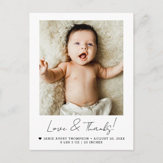 Script Liefde & Dank Baby Foto Geboorteaankondigin Briefkaart (Voorkant)