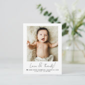 Script Liefde & Dank Baby Foto Geboorteaankondigin Briefkaart (Staand voorkant)