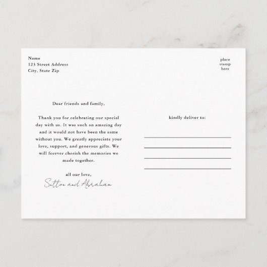 Script Liefde en Bedankt 3 Foto Bruiloft Dank U Briefkaart (Achterkant)