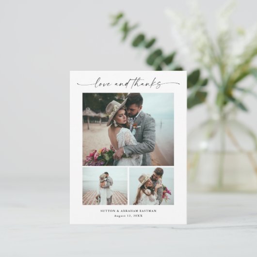 Script Liefde en Bedankt 3 Foto Bruiloft Dank U Briefkaart (Staand voorkant)