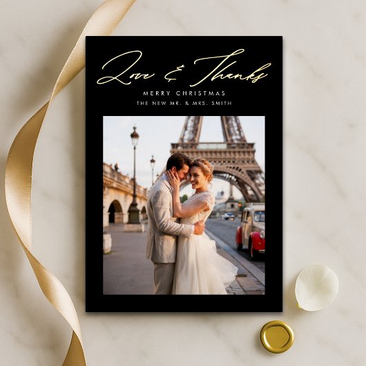 Script Liefde en Bedankt Kerstfoto Zwart Goud Folie Feestdagenkaart