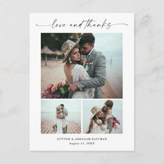 Script Liefde en Dank 3 Foto Huwelijk Bedankt Briefkaart (Voorkant)