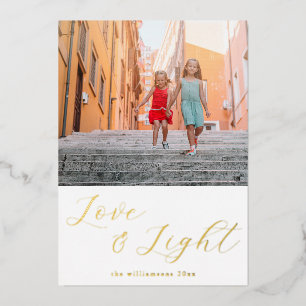 Script Liefde Licht Eenvoudige Hanukkah Twee Foto Folie Feestdagenkaart