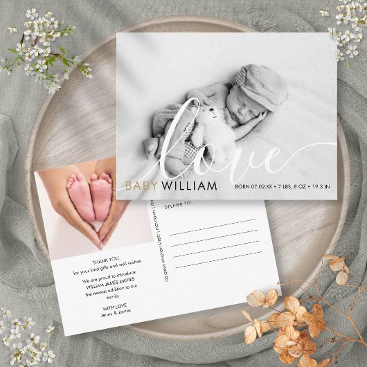 Script Liefde Modern Goud Foto Baby Geboorte Dank Briefkaart