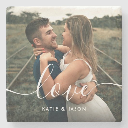 Script Love Wedding Photo Stenen Onderzetter (Voorkant)