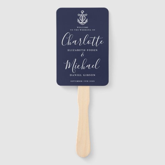 Script Marine Blauw Anker Nautisch Huwelijksprogra Handwaaier (Voorkant)