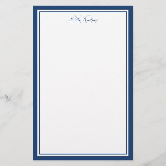 Script Marine Blauw Twee Grens Monogram Verticaal Briefpapier (Voorkant)